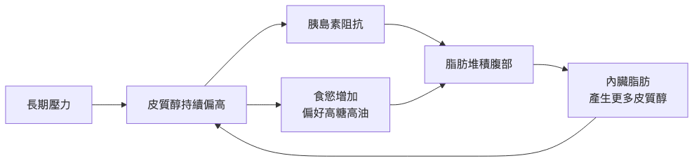 皮質醇與腹部脂肪的關係 壓力肥惡性循環流程圖