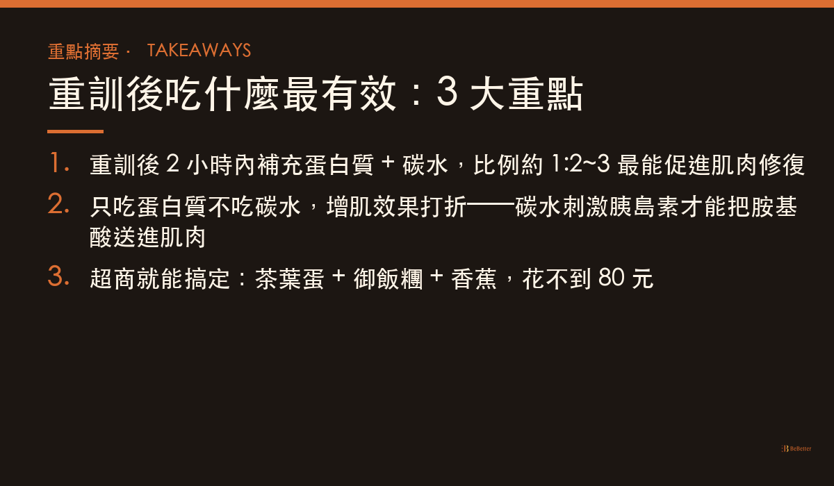 重訓後吃什麼最有效 三大重點摘要卡