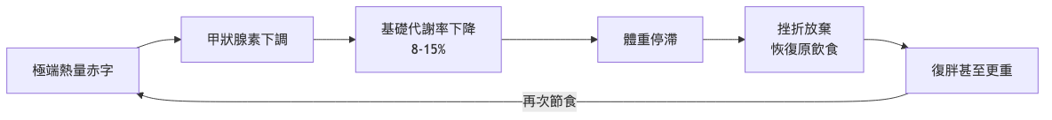 為什麼減肥一直失敗 代謝適應與復胖循環流程圖