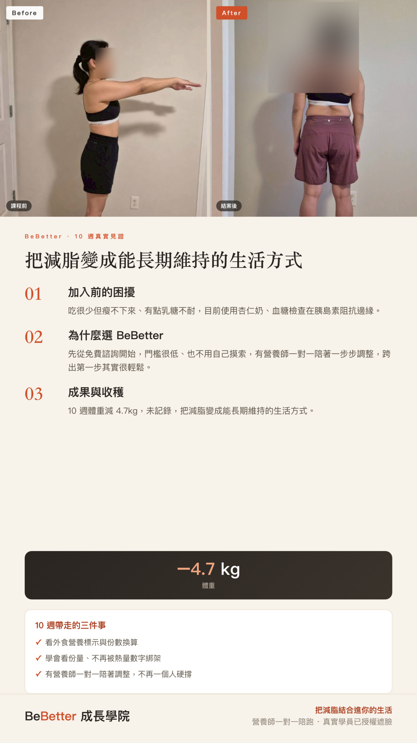 Elaine BeBetter 學員見證 — 64.5 kg → 59.8 kg（-4.7 kg，10 週）