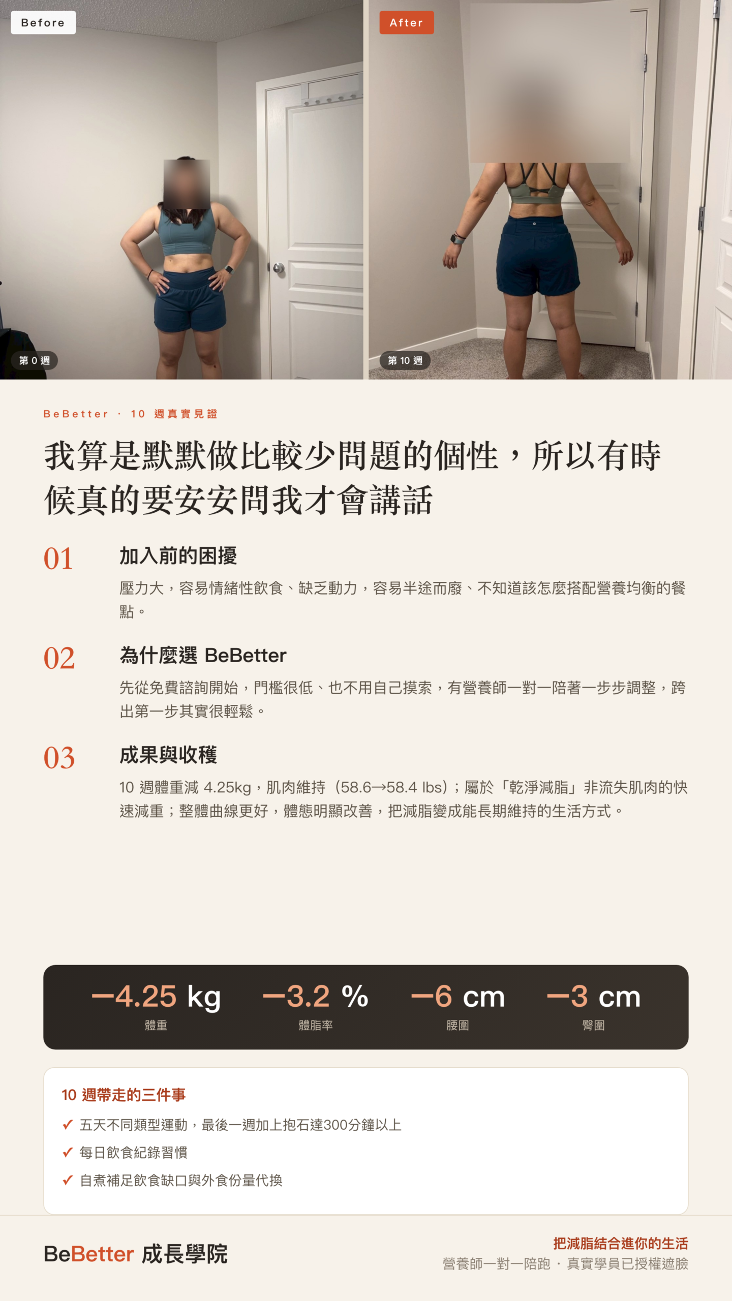 Nicole BeBetter 學員見證 — 76.05kg → 71.8kg(下降4.25kg)