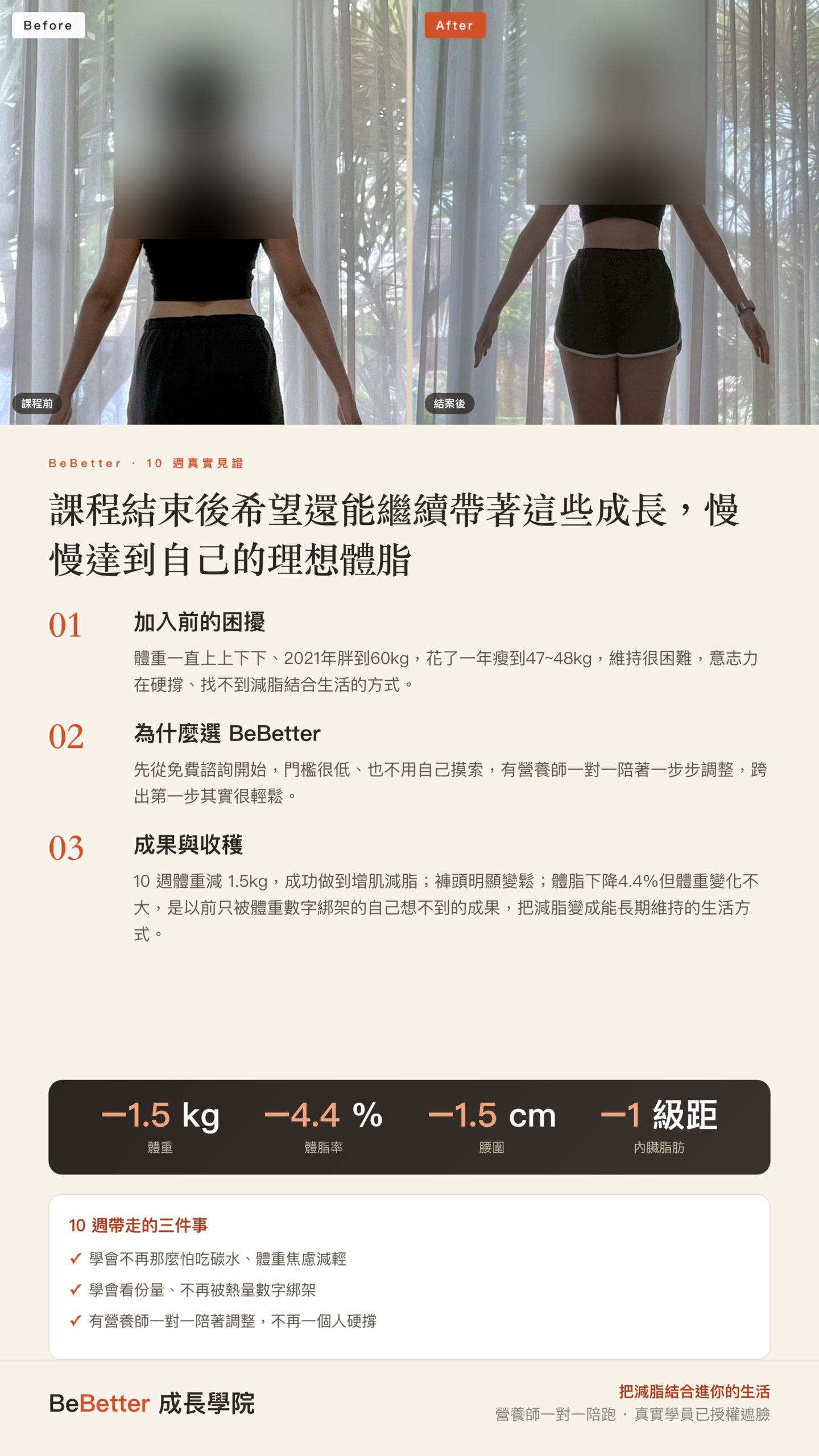 ling BeBetter 學員見證 — 54.9kg → 53.4kg（-1.5kg）