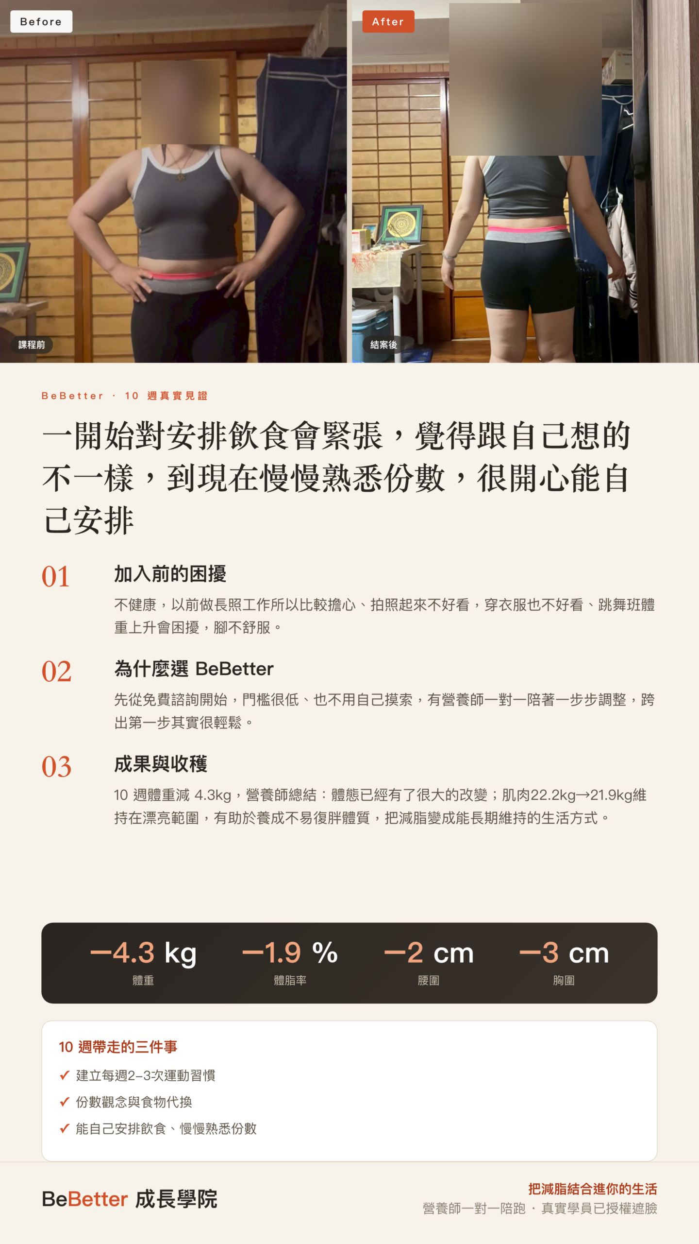 子涵 BeBetter 學員見證 — 69.9kg → 65.6kg，共減4.3kg