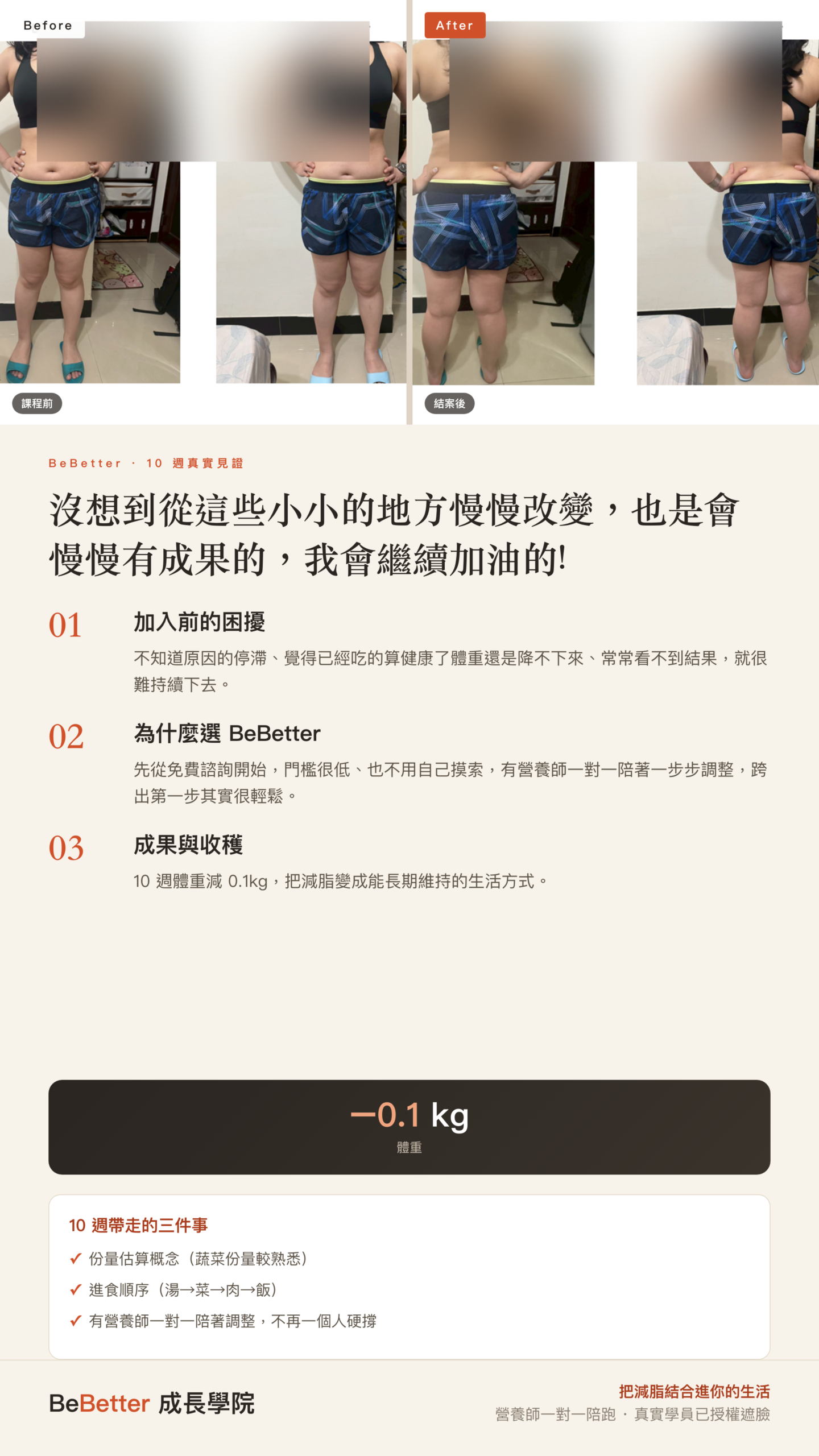 佳穎 BeBetter 學員見證 — 58kg → 57.9kg（結案時），過程中最低 57.2kg（第5週）