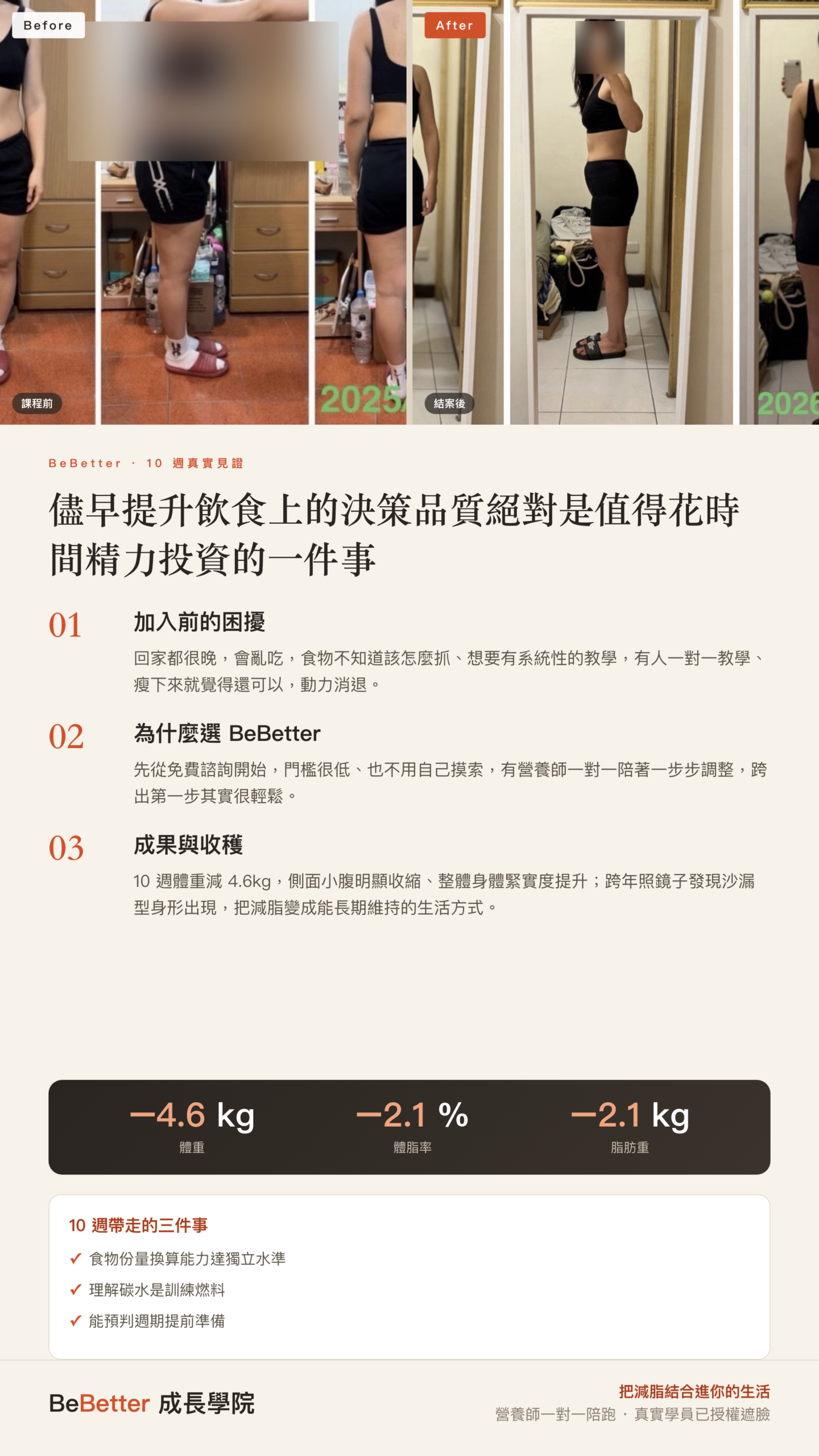 芝晴 BeBetter 學員見證 — 延長方案期間：71.5kg → 69.3kg（-2.2kg）