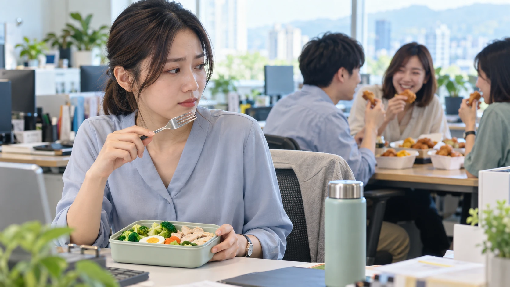 減肥成功後外食自由 情境示意：上班族在辦公室看著同事揪團訂炸雞便當，手裡握著自己帶的水煮餐盒猶豫