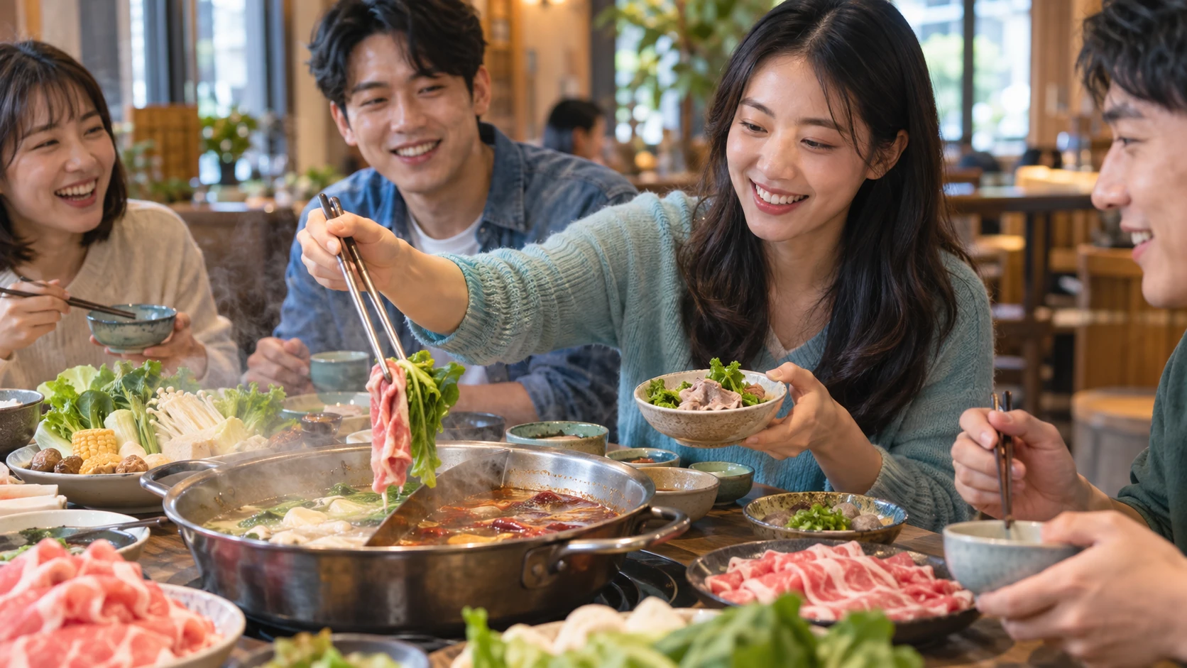 減肥成功後外食自由 情境示意：朋友聚餐的火鍋桌上，一個人用公筷先夾了一盤肉片和青菜到自己碗裡