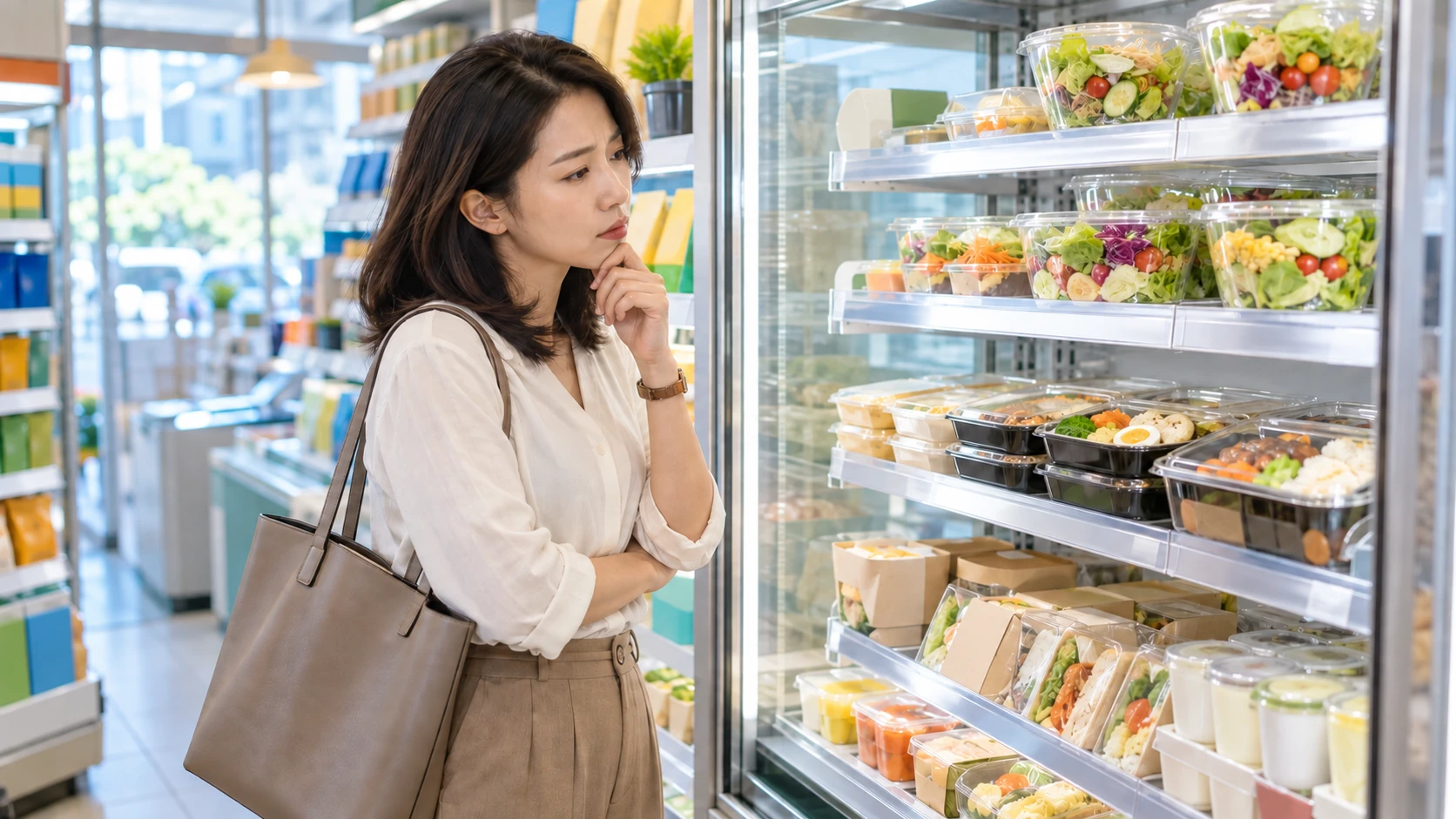 外食族一週減脂採買清單 情境示意:上班族站在超商冰櫃前面猶豫不決地看著便當和沙拉