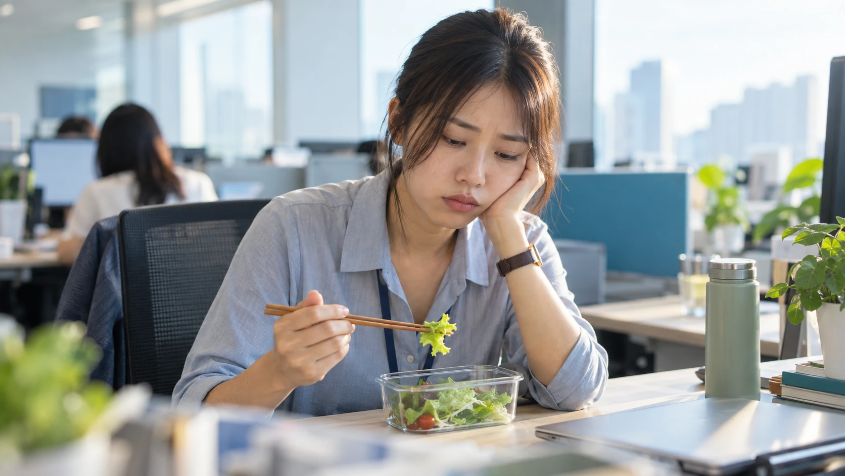 胰島素阻抗減肥 情境示意:上班族午餐時間在辦公室吃著少量沙拉便當卻看起來疲憊無力