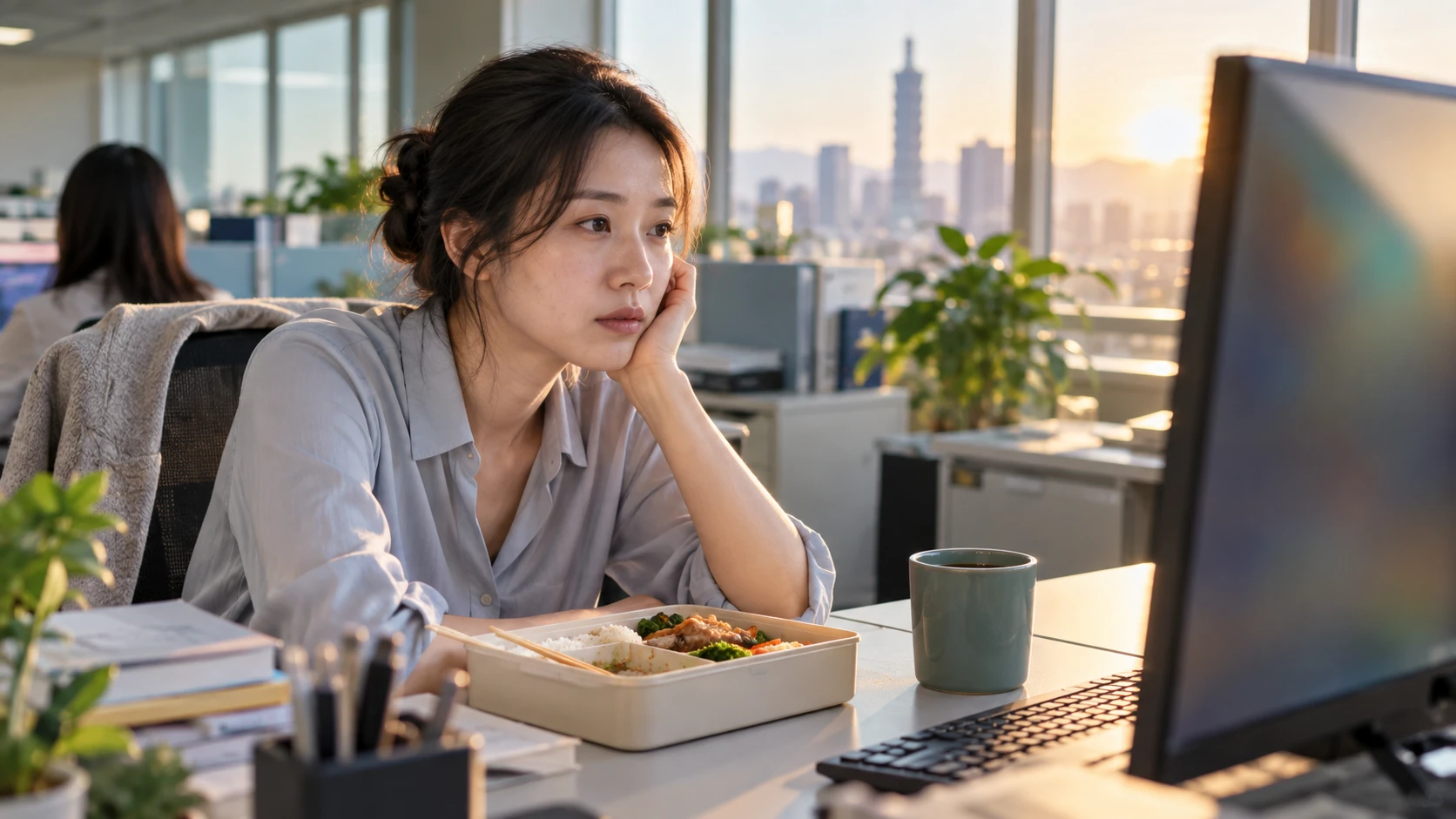 瘦體素與飢餓素 情境示意:上班族傍晚在辦公桌前盯著螢幕,旁邊放著吃了一半的便當和一杯黑咖啡