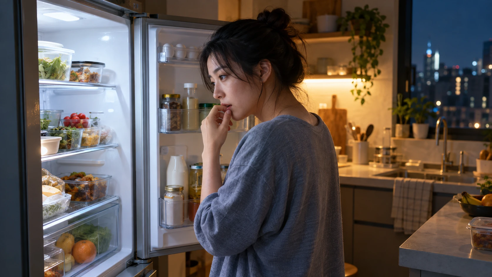 瘦體素與飢餓素 情境示意:深夜廚房裡一個人打開冰箱門,冰箱光照在臉上,裡面擺著各種零食和剩菜