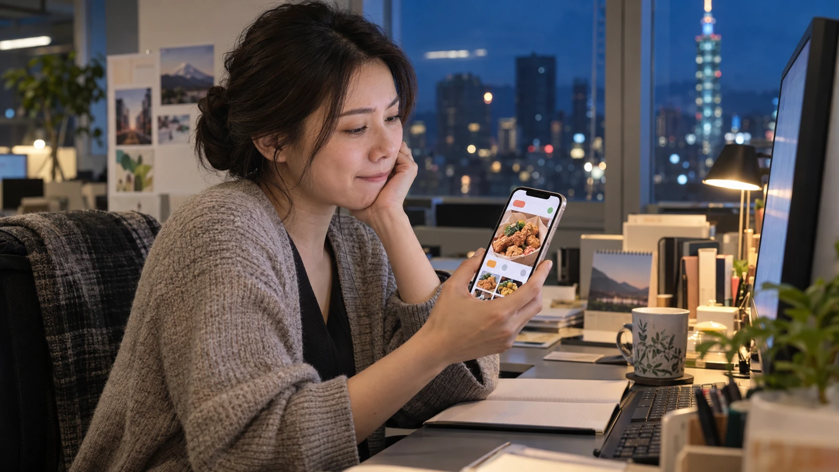 季節交替體重波動 情境示意：冬天傍晚辦公室窗外天色已暗一個上班族在座位上打開外送 app 點鹹酥雞