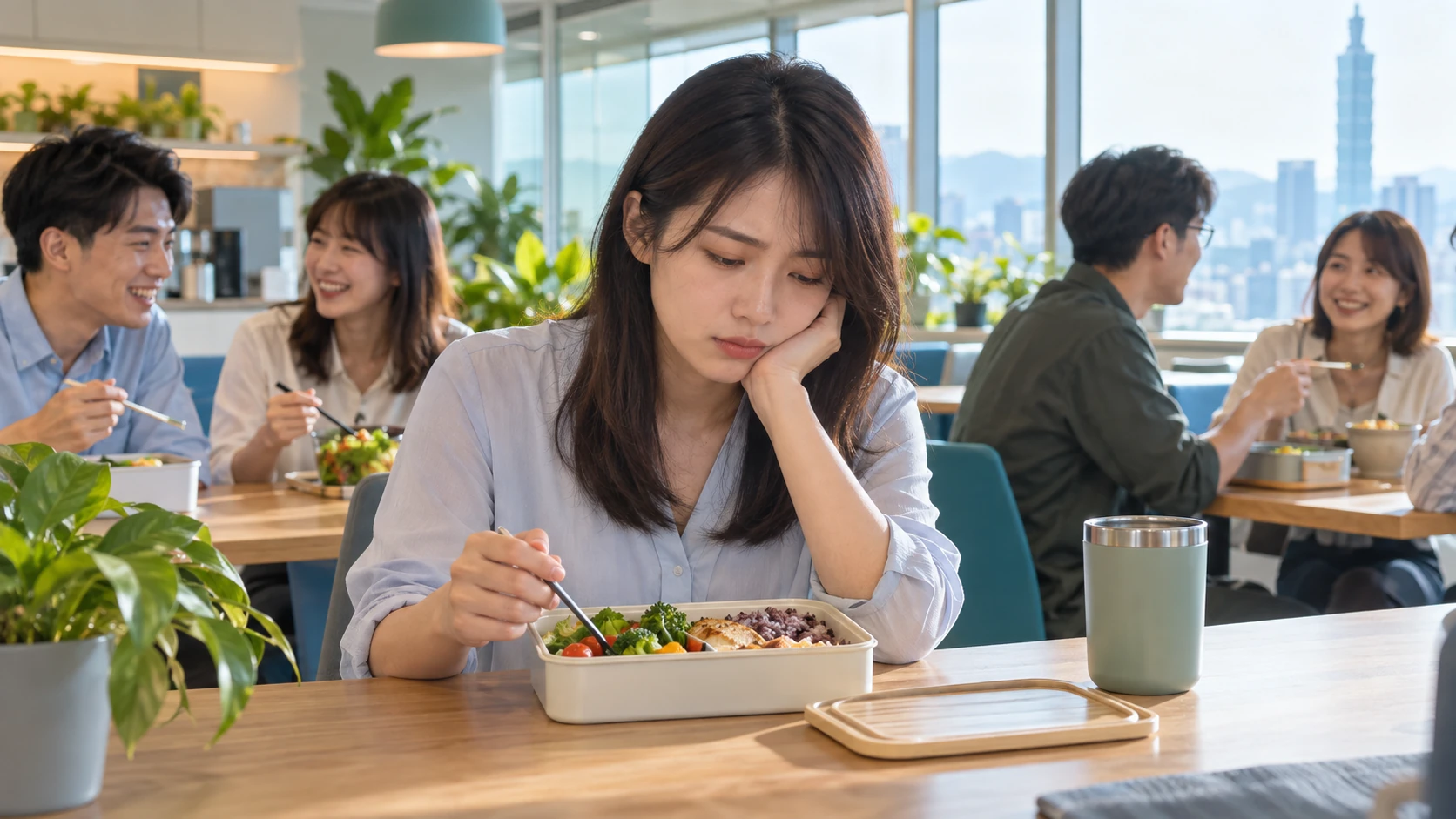 減肥後不認識自己 情境示意:辦公室午餐時間,一個人盯著便當猶豫不決,周圍同事自在地吃飯