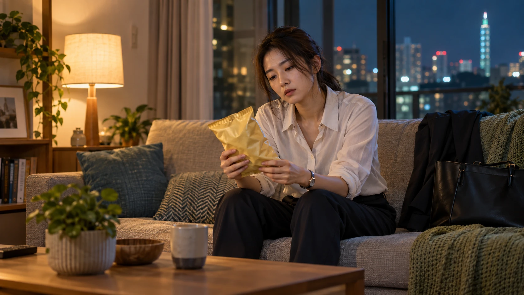 減肥心理諮商有用嗎 情境示意:上班族深夜回家坐在沙發上盯著手裡的零食包裝袋發呆