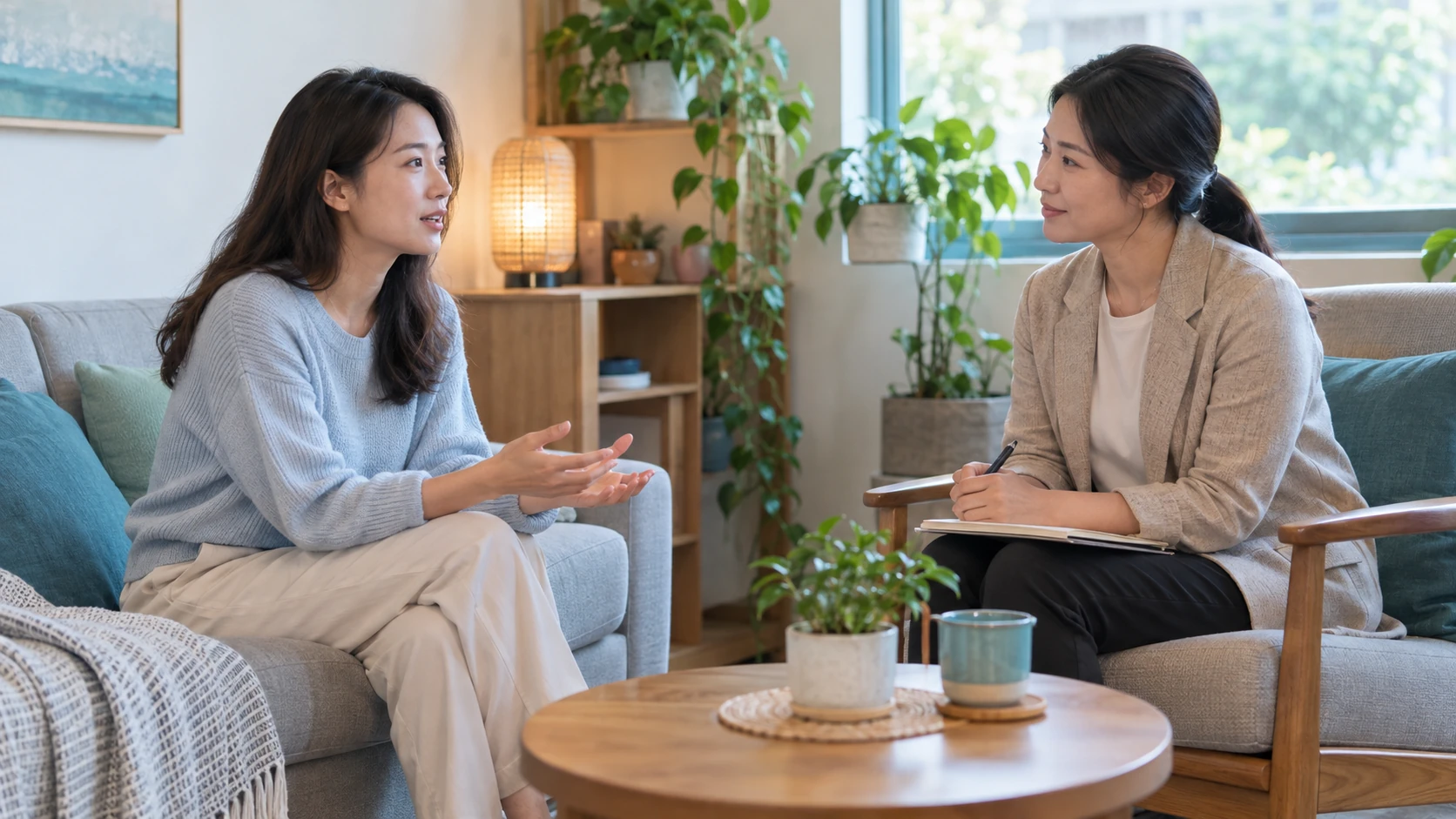 減肥心理諮商有用嗎 情境示意:諮商室裡一位女性坐在沙發上跟對面的心理師對話