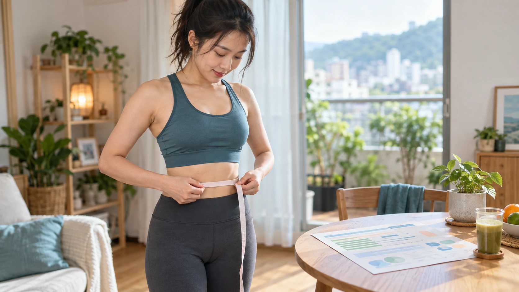 減肥體重不動但體態變好 情境示意：一位穿運動服的女性用布尺量腰圍,旁邊桌上放著 InBody 報告單