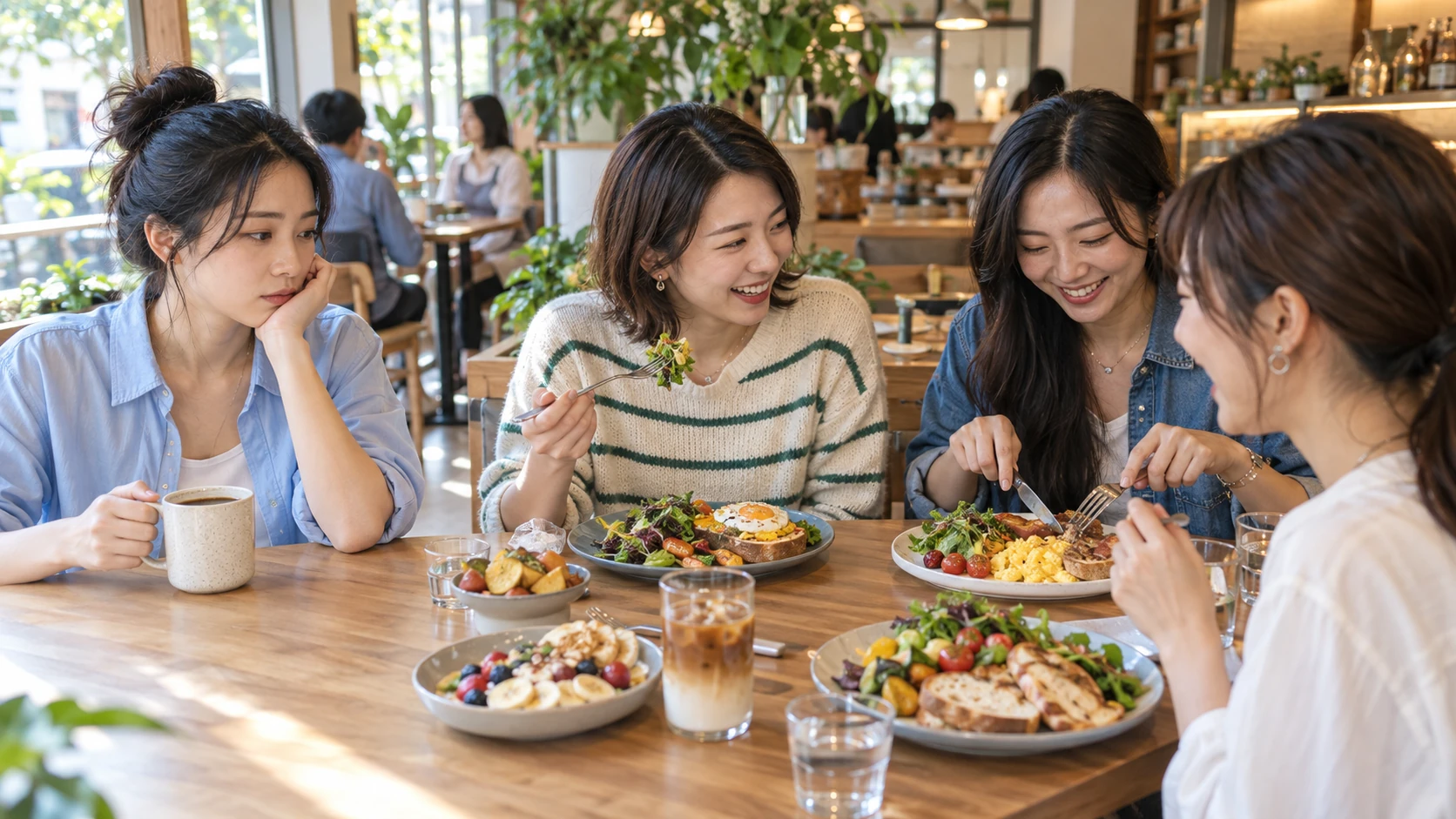 204減肥法 情境示意：週末早午餐餐廳裡朋友們圍桌吃飯，其中一人只喝黑咖啡看著別人的盤子