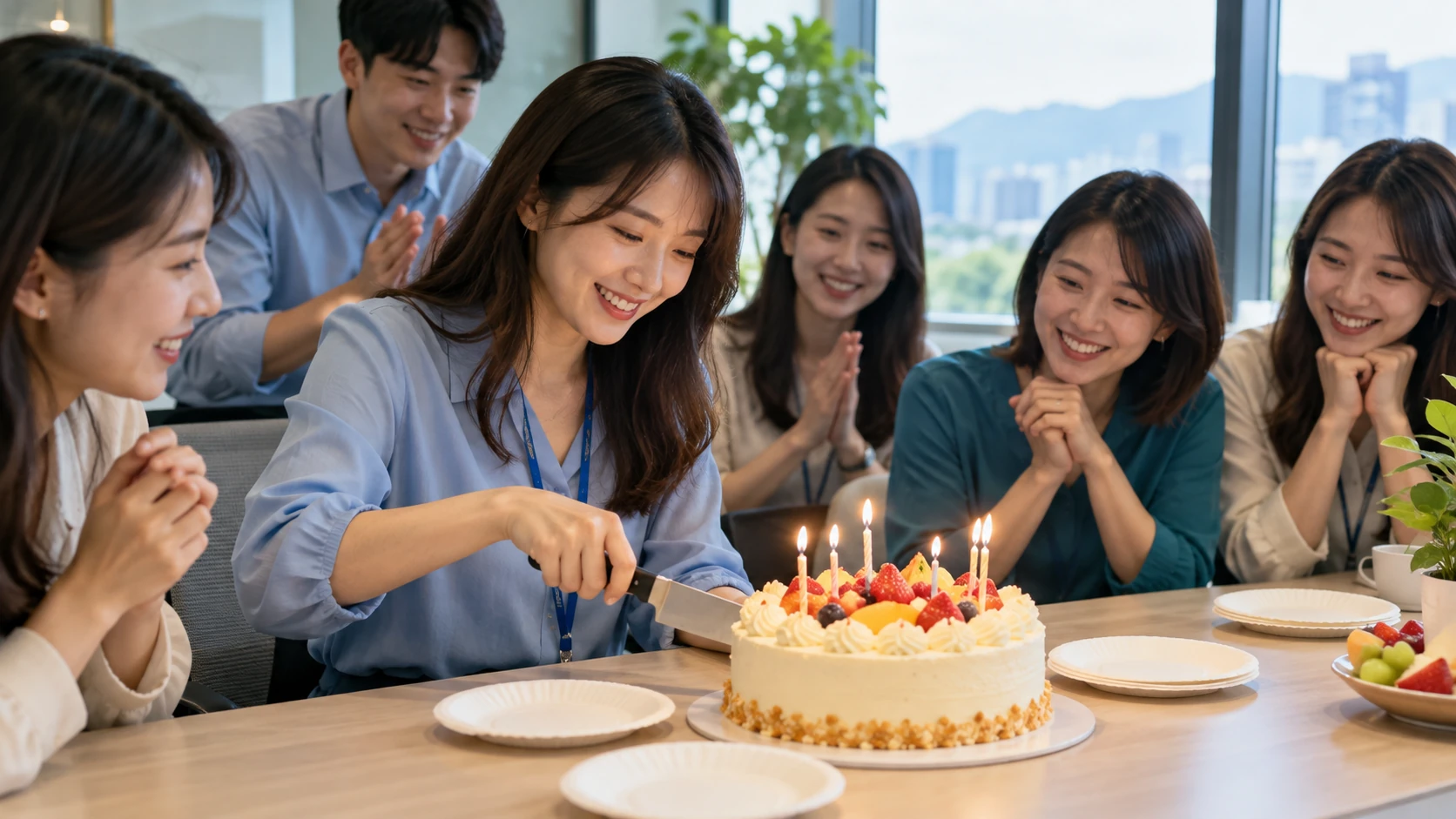 生日蛋糕減肥 情境示意：辦公室會議室裡同事圍著插上蠟燭的生日蛋糕，有人拿著刀準備分切到紙盤上