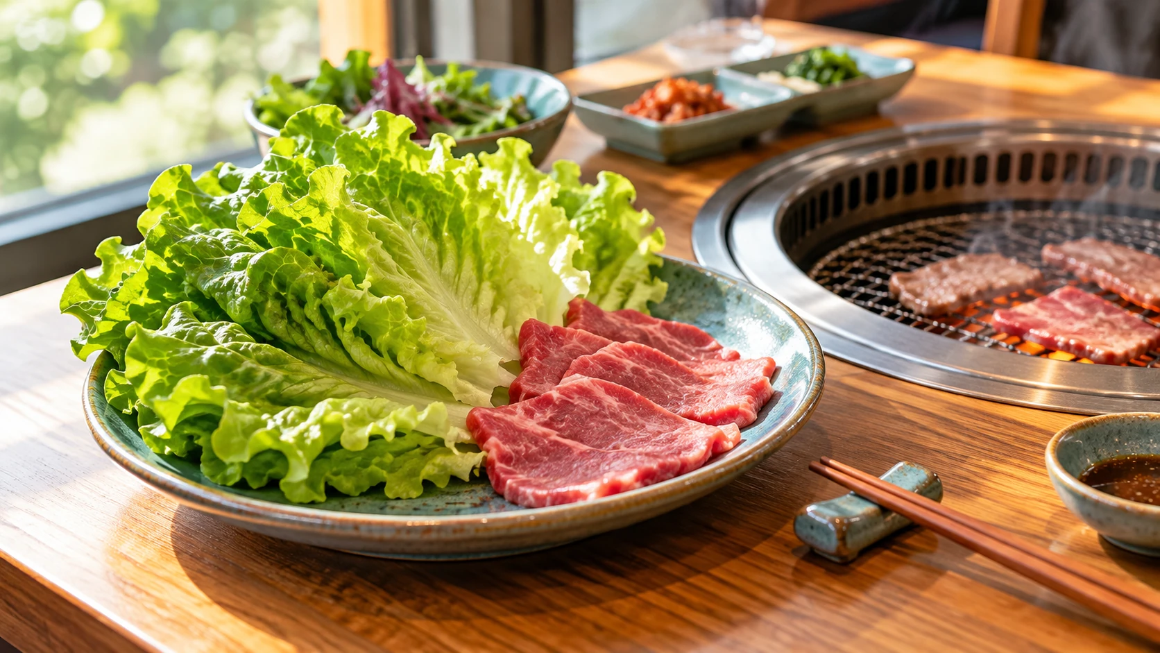吃到飽減肥怎麼點 情境示意:燒肉吃到飽的餐桌上,烤盤旁擺著一盤生菜和幾片瘦肉,筷子放在一旁