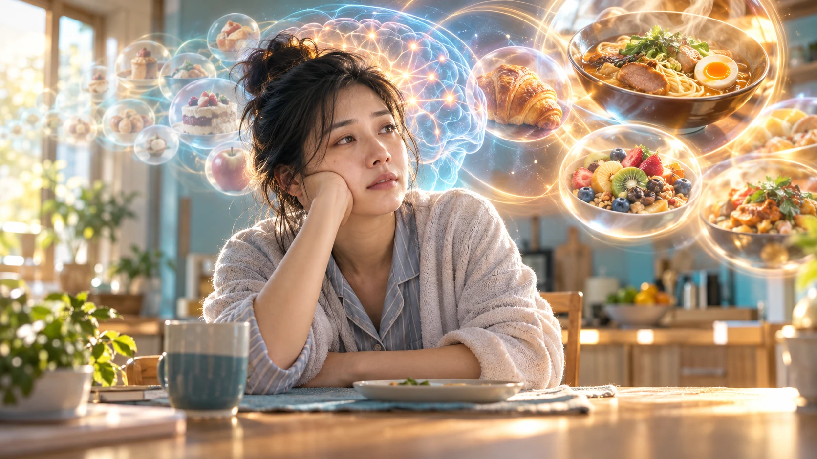 腦中一直想著食物 視覺化說明：節食限制與睡眠不足讓大腦對食物畫面的反應被放大，念頭不斷冒出