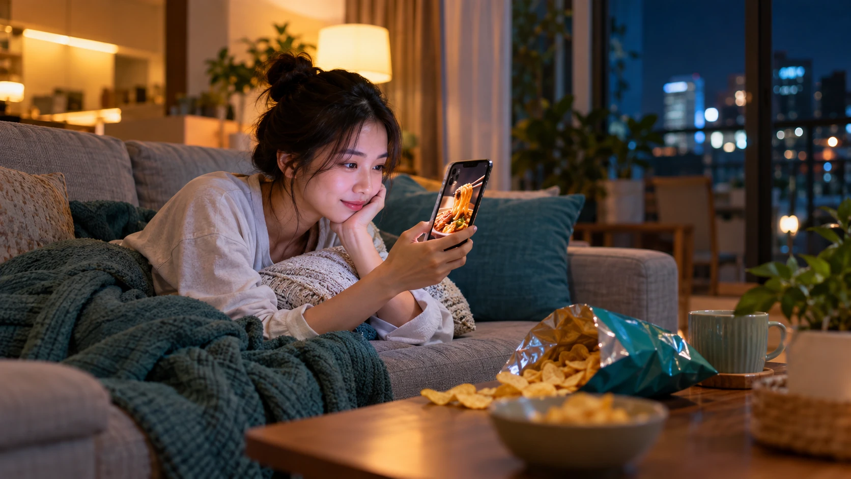 腦中一直想著食物 情境示意：深夜客廳沙發上滑手機看美食影片，茶几上放著打開的零食袋