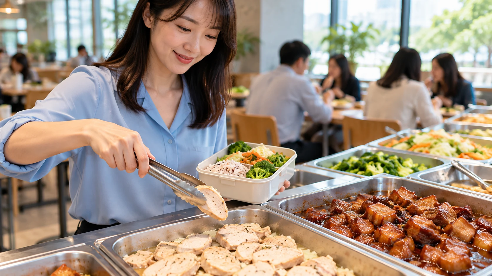 一天脂肪攝取量 情境示意：上班族中午在自助餐檯前，用夾子挑雞胸肉放進便當盒，旁邊是油亮的滷肉