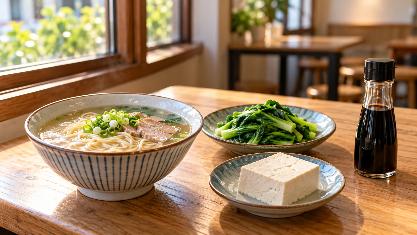 得舒飲食減重 情境示意:麵店桌上一碗湯麵、一盤燙青菜和一塊板豆腐,桌邊的醬油瓶蓋著沒有打開