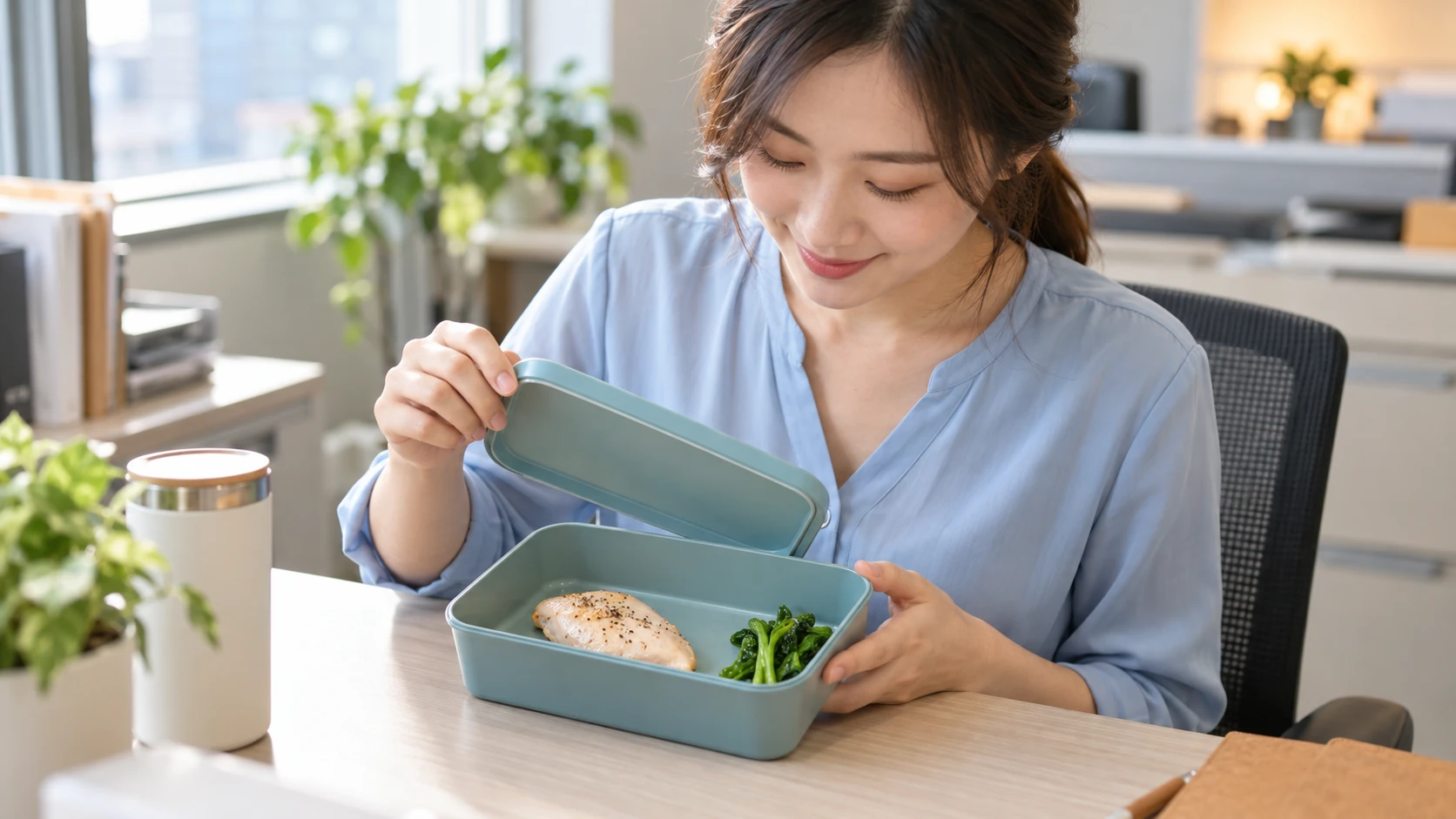 減脂期便秘怎麼改善 情境示意:上班族中午在辦公桌打開便當盒,裡面只有一塊雞胸肉和一小撮燙青菜