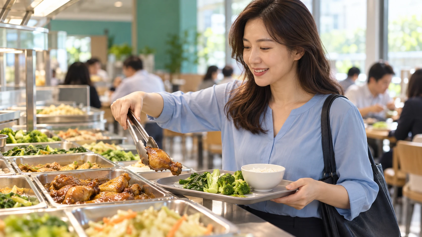 脂肪肝飲食 情境示意:上班族中午在自助餐檯前用夾子夾滷雞腿和兩樣青菜,飯只盛半碗