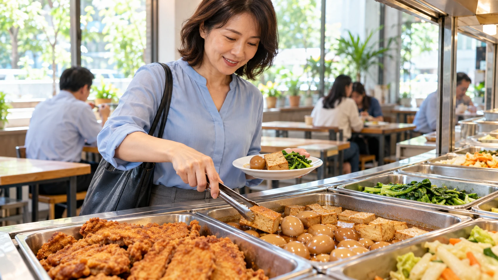 痛風 減重 飲食 情境示意：中年上班族在自助餐檯前把炸排骨換成滷蛋和板豆腐