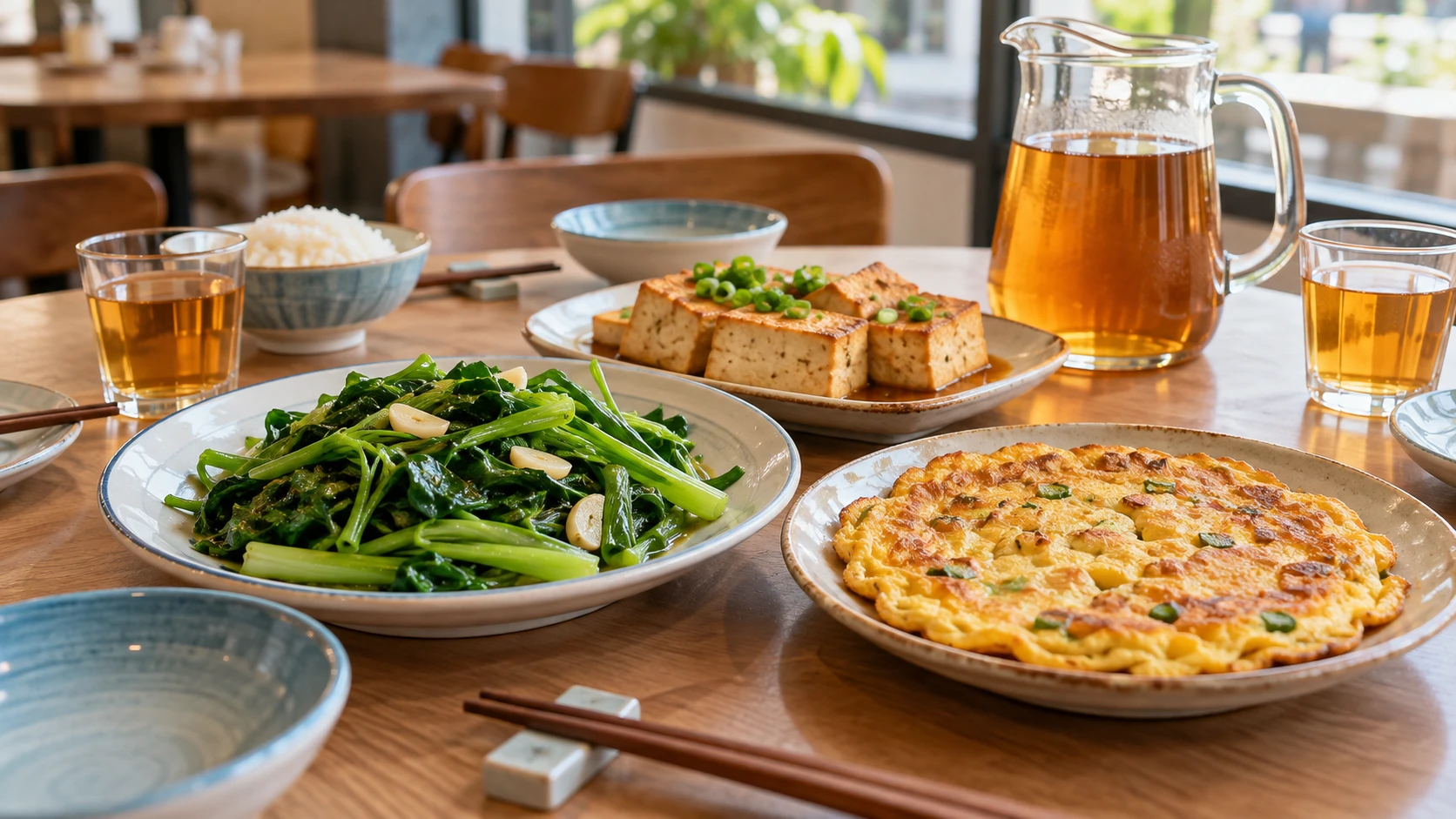 痛風 減重 飲食 情境示意：熱炒店聚餐桌上擺著炒青菜、菜脯蛋、板豆腐和一壺無糖茶