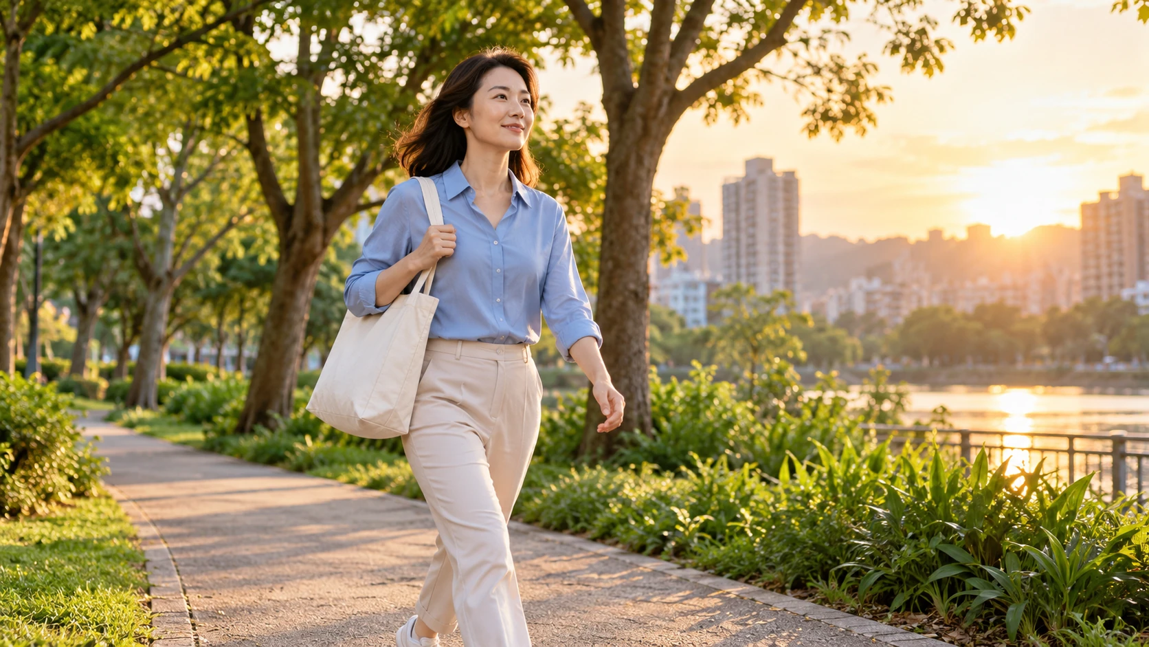討厭自己的身體 情境示意:下班後在公園步道快走的上班族,夕陽下背著帆布包