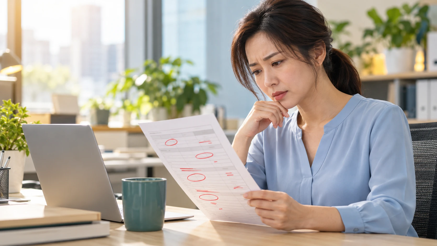 健檢紅字 減肥壓力 情境示意:上班族坐在辦公桌前,盯著一份有好幾個紅色標記的健康檢查報告