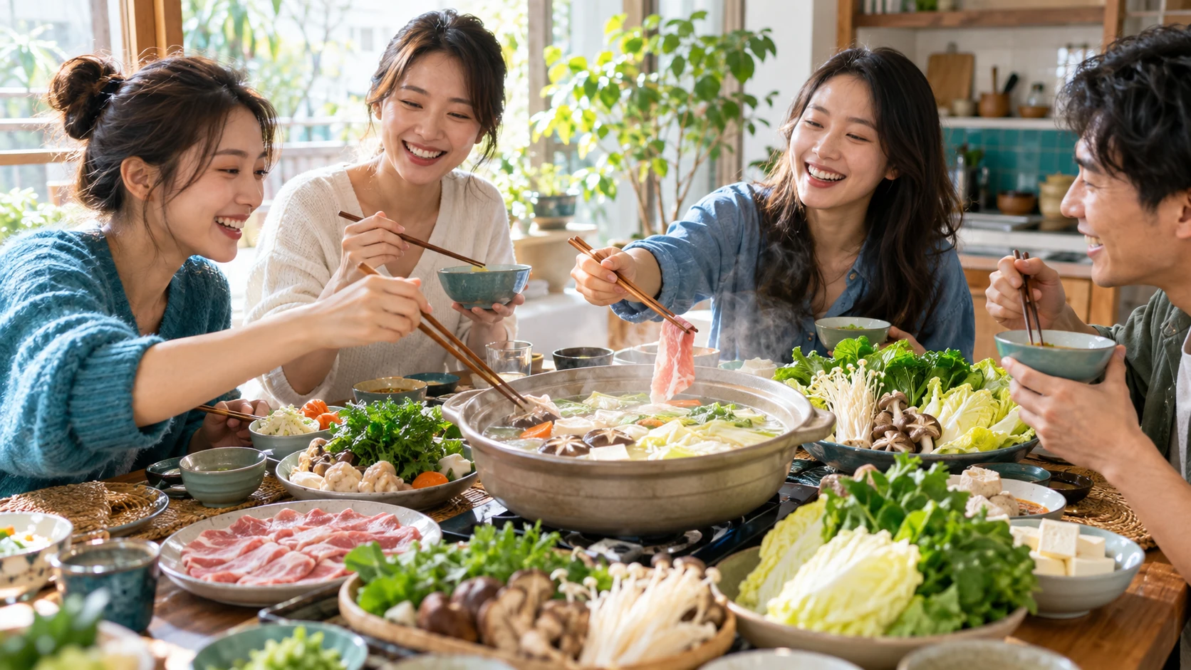 火鍋減肥怎麼吃 情境示意:朋友圍著清湯火鍋,桌上擺滿蔬菜盤、菇類和瘦肉片