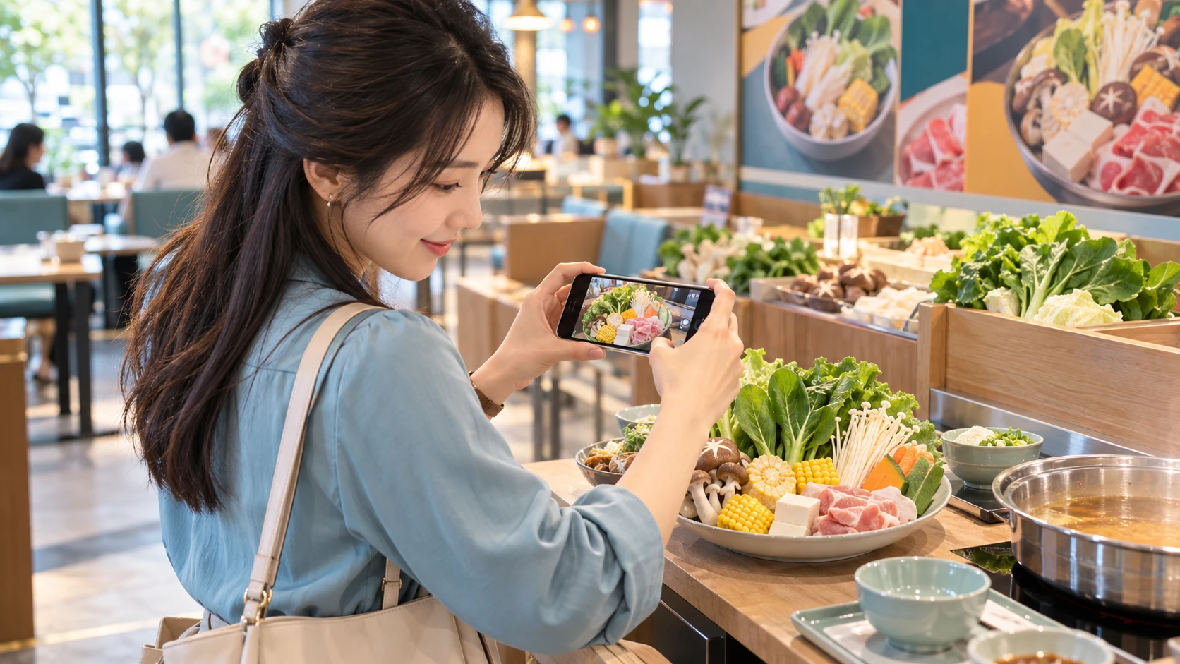 火鍋減肥怎麼吃 情境示意:上班族在火鍋店菜單前用手機拍下自己的菜盤準備回報
