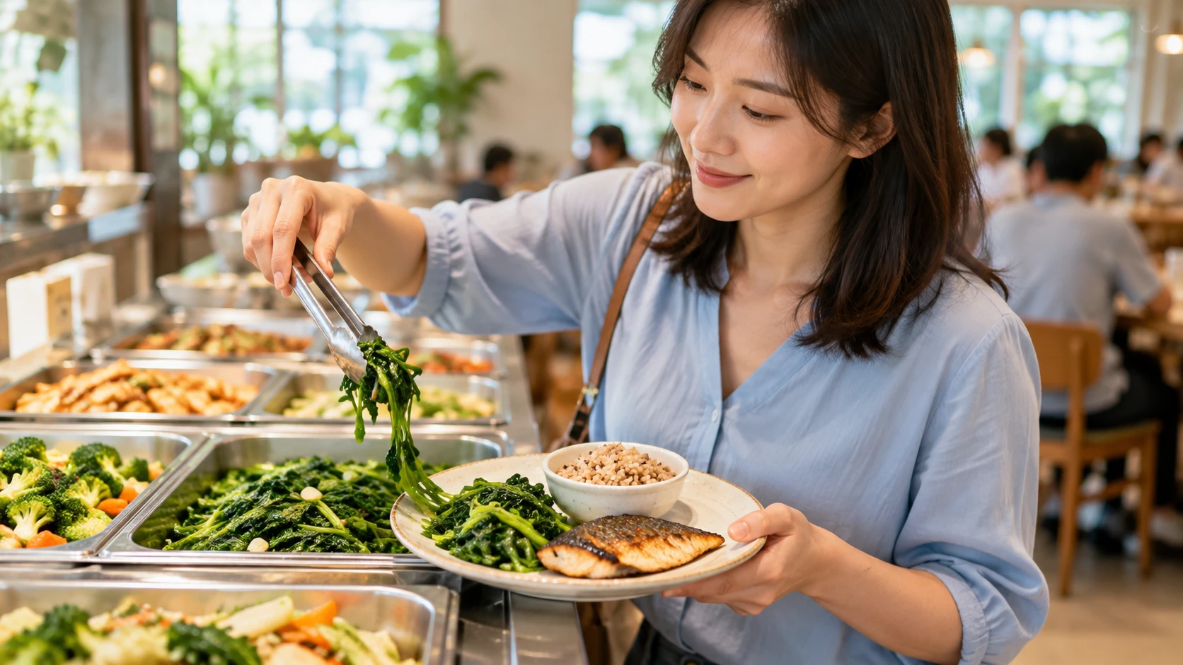 腎功能不好可以高蛋白減肥嗎 情境示意：自助餐檯前夾菜，餐盤上有一份烤魚、半碗糙米飯和大量青菜