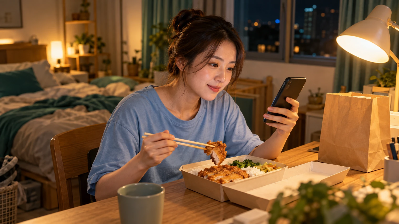 一個人住減肥怎麼吃 情境示意:深夜套房書桌前一個人邊滑手機邊吃外送炸物便當