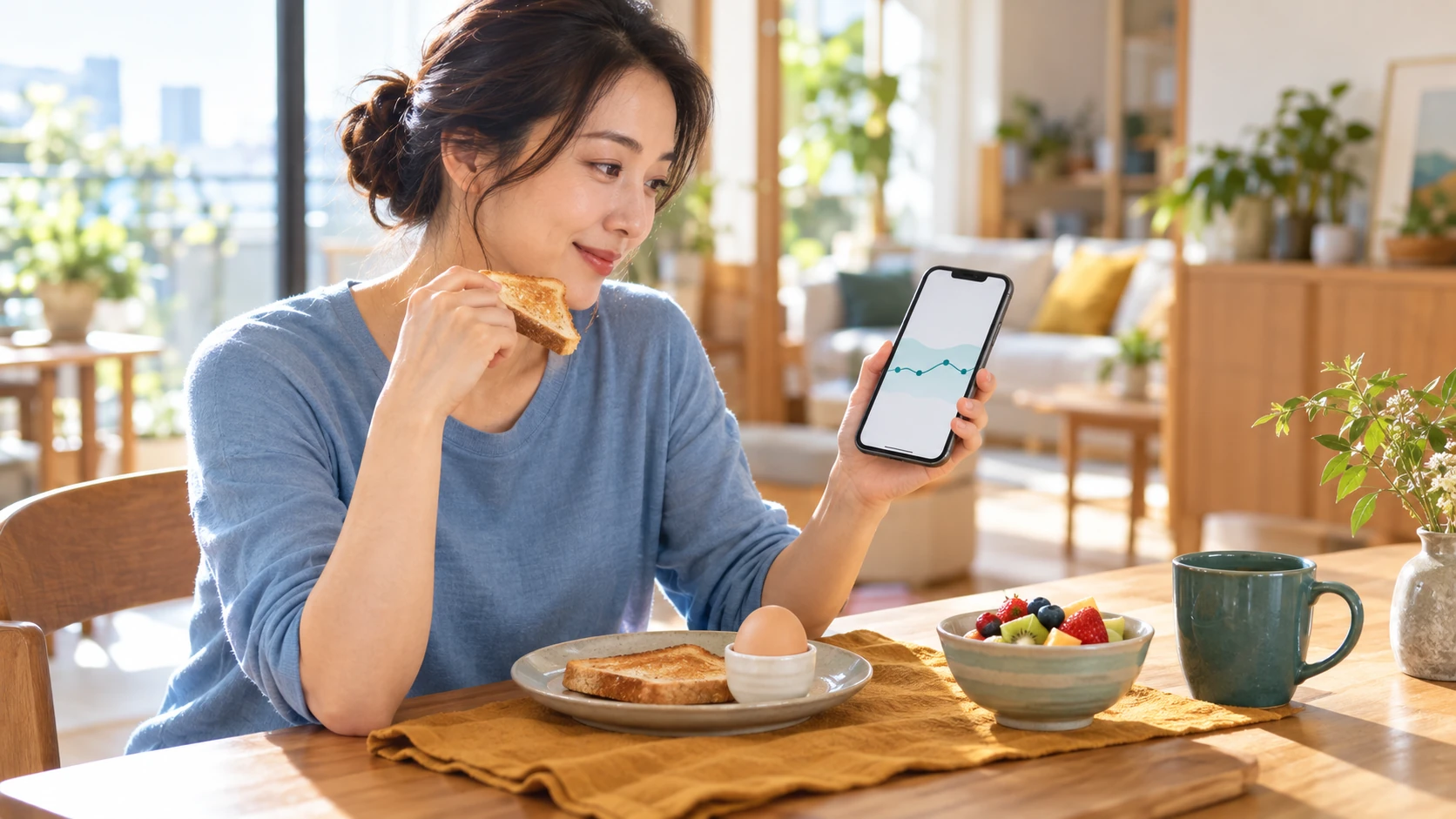 維持期體重區間 情境示意：聚餐隔天早上，一個人坐在餐桌前吃著簡單的早餐，翻看手機裡的一週體重紀錄