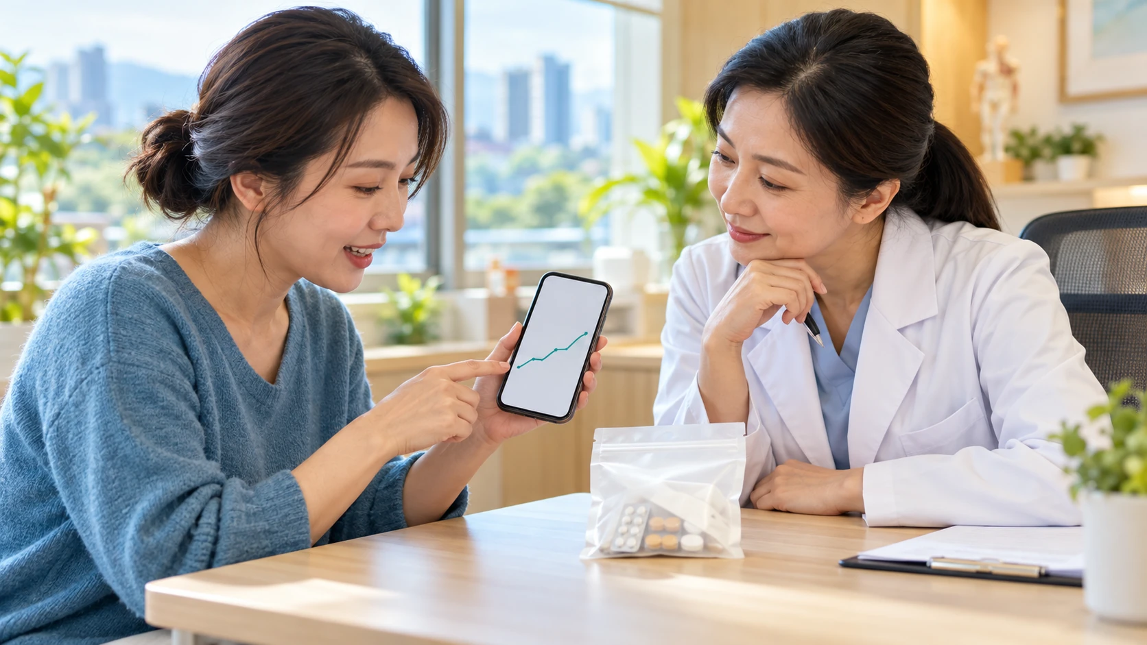 吃藥變胖 情境示意:診間裡病人把手機上的體重曲線圖拿給醫師看,桌上放著藥袋