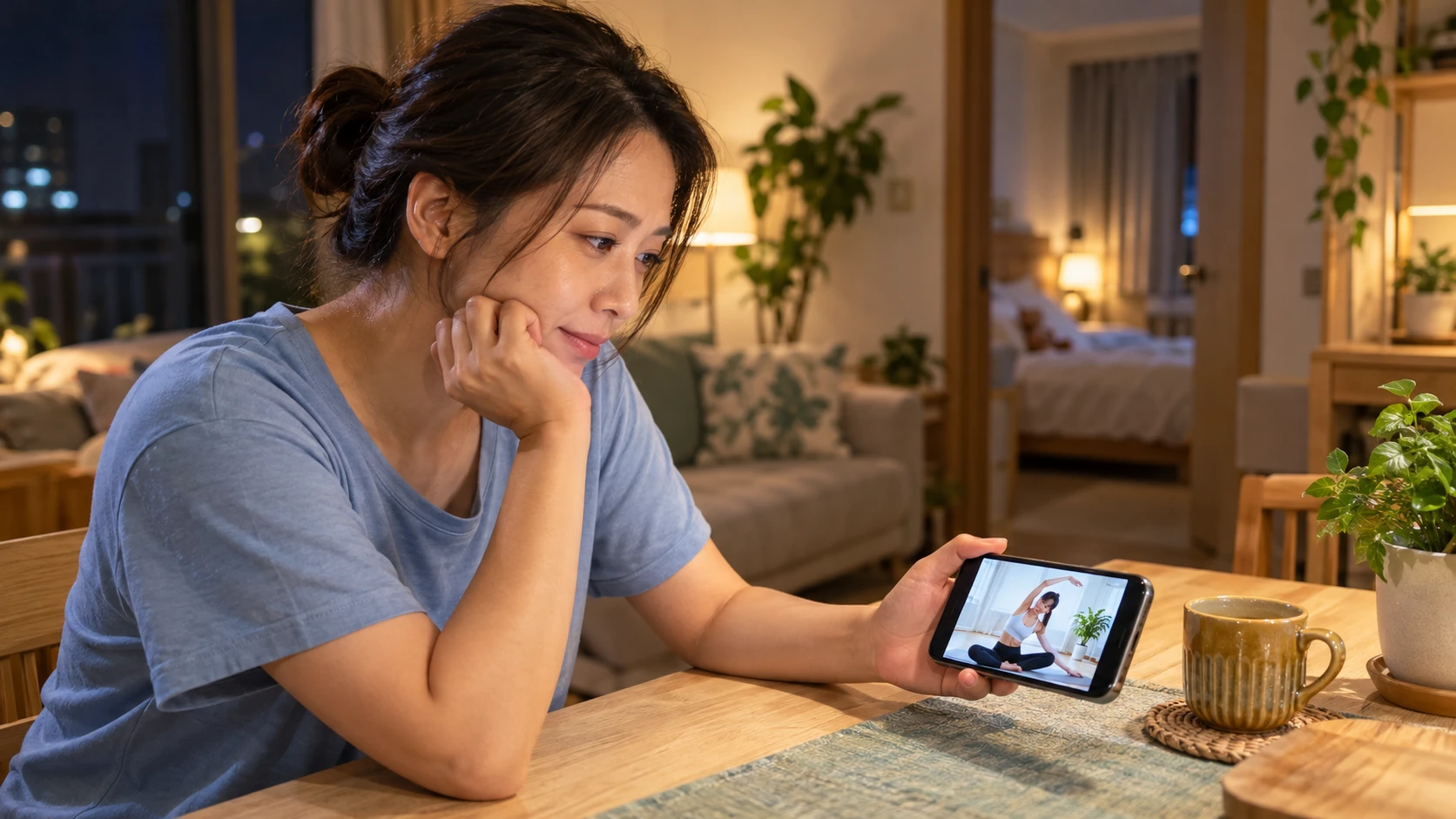 媽媽減肥愧疚感 情境示意：晚上孩子睡著後媽媽坐在餐桌旁看著手機上的運動影片猶豫