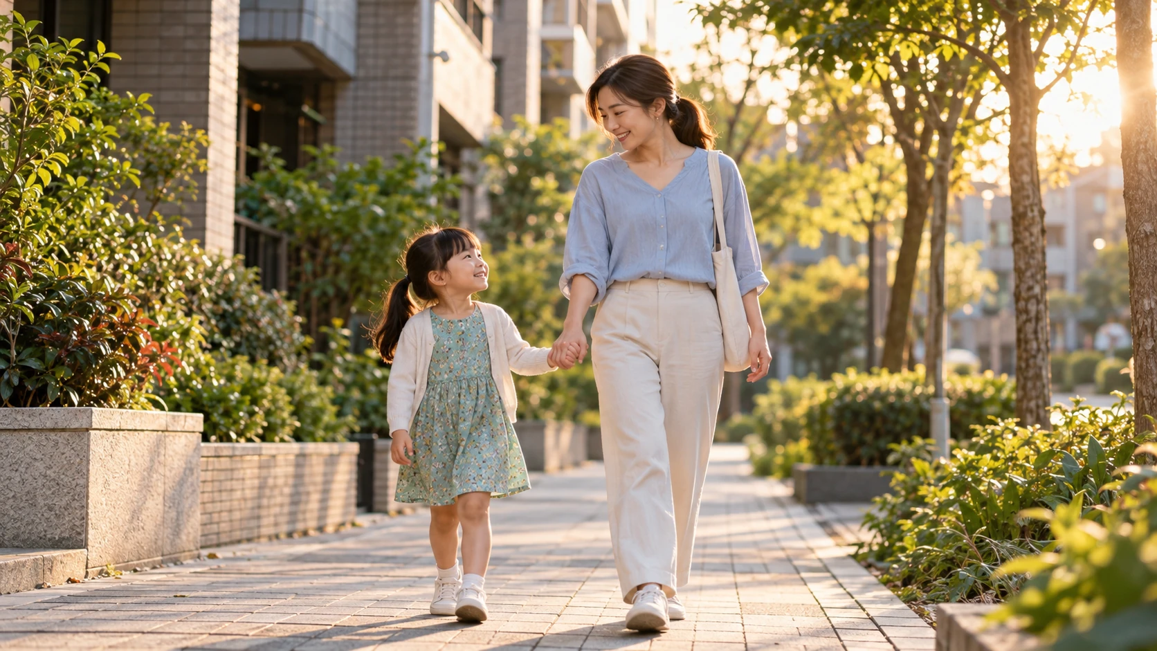 媽媽減肥愧疚感 情境示意：晚餐後媽媽牽著孩子在社區人行道上散步
