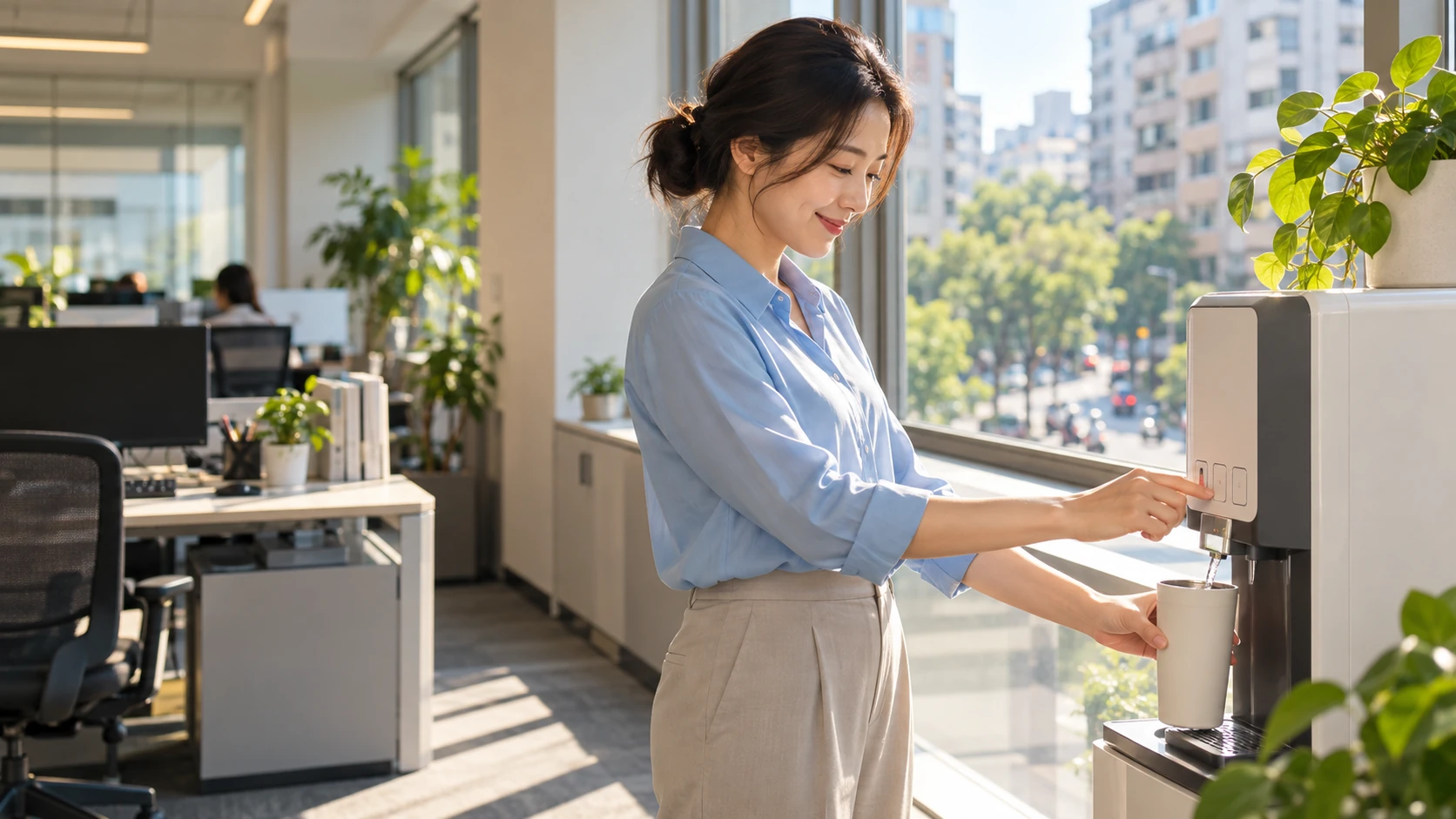 NEAT 非運動消耗 情境示意:上班族在辦公室站起來走到遠處的飲水機裝水,窗外是午後街景