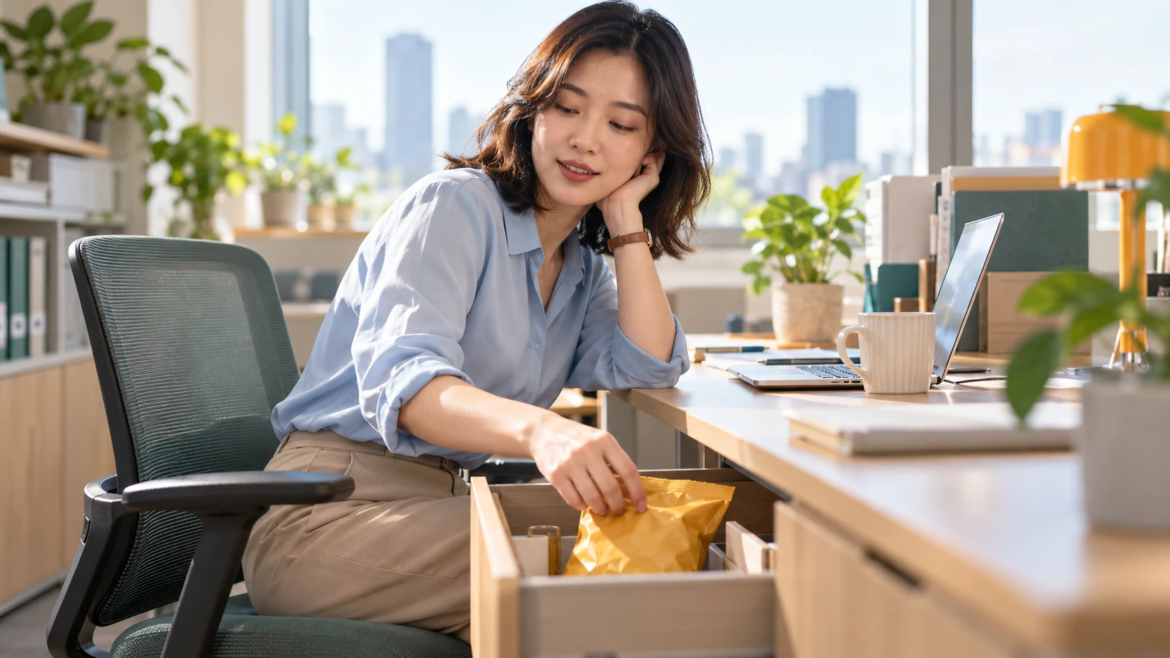 戒菸後變胖 情境示意:剛戒菸的上班族下午坐在辦公桌前,手伸向抽屜裡的零食袋