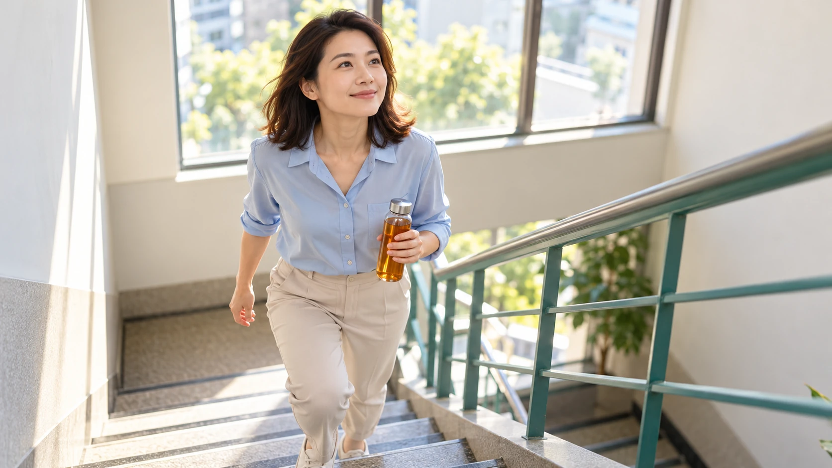 戒菸後變胖 情境示意:戒菸中的人在公司樓梯間快走,手上拿著一瓶無糖茶