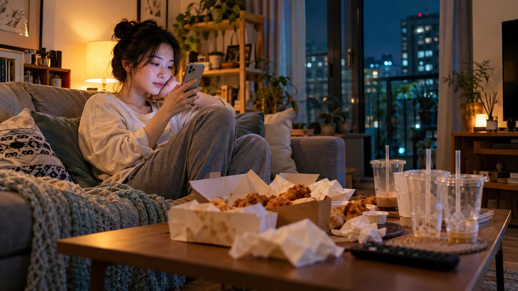 用食物犒賞自己 情境示意：週末深夜客廳茶几上堆著外送炸雞和手搖飲空杯，一個人坐在沙發上看著手機