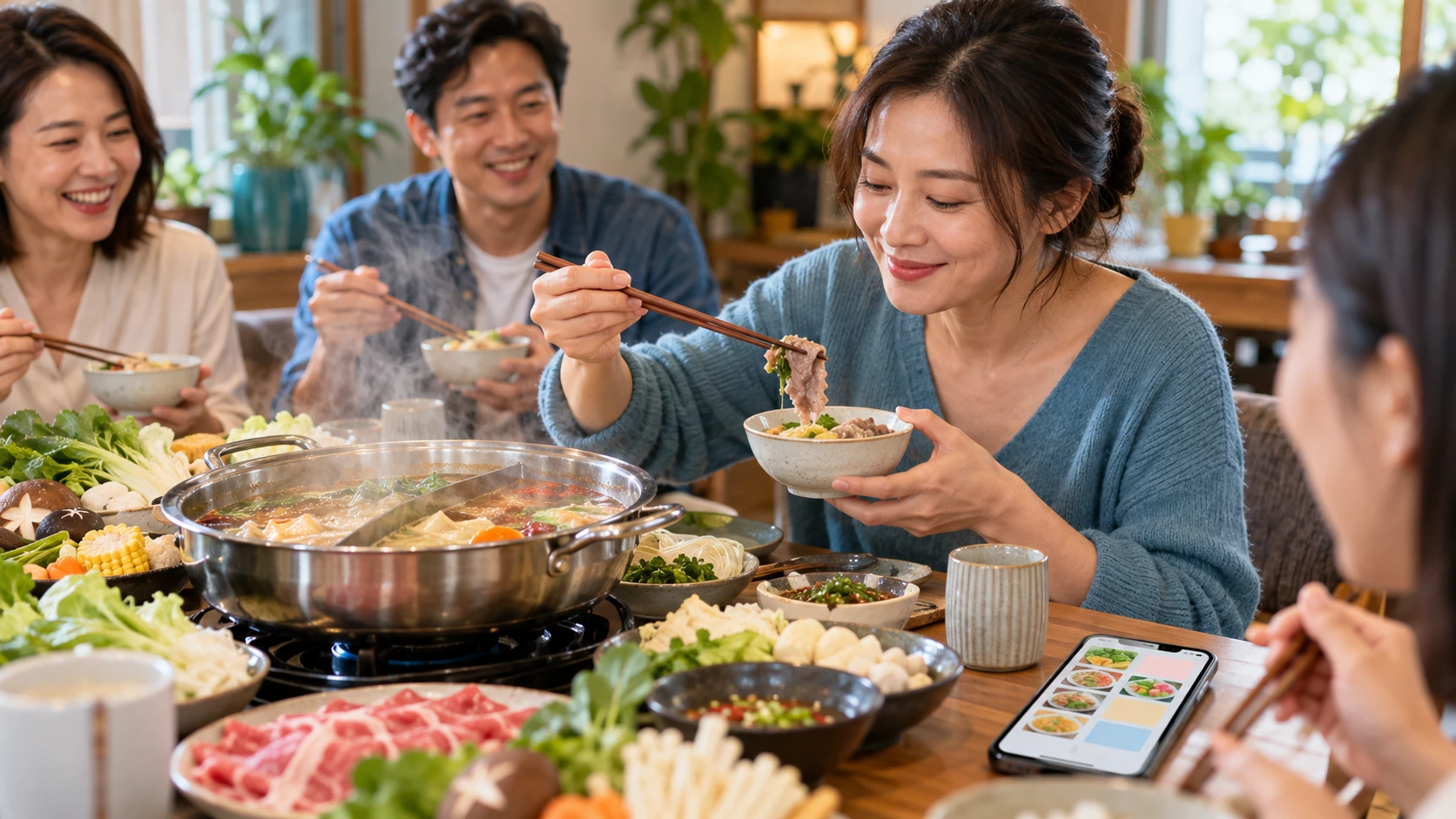 用食物犒賞自己 情境示意：朋友聚餐的火鍋桌上，一個人把自己想吃的料夾進碗裡，桌邊放著手機上的一週飲食計畫