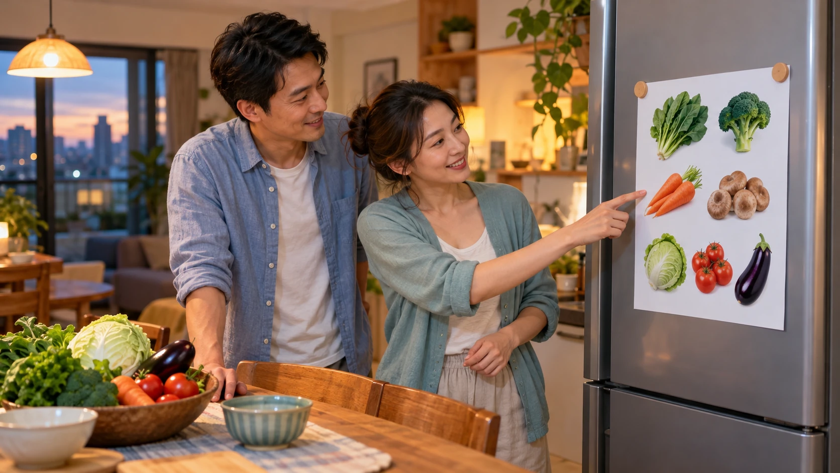 減肥要不要跟別人說 情境示意：晚上在家的餐桌旁，一對伴侶一起看著冰箱上貼的一週晚餐蔬菜清單